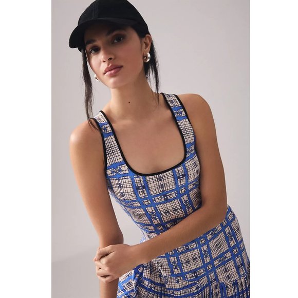 ๐ Anthropologie Dhruv Kapoor Plaid Mesh Midi Dress - Blue White Plaid XL - Picture 15 of 15
